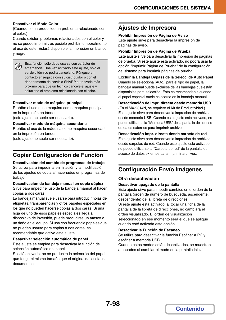 Desactivar el modo color, Desactivar modo de máquina principal, Desactivar modo de máquina secundaria | Copiar configuración de función, Desactivación del cambio de programas de trabajo, Desactivación de bandeja manual en copia dúplex, Desactivar selección automática de papel, Ajustes de impresora, Desactivación de impr. directa desde memoria usb, Desactivación impr. directa desde carpeta de red | Sharp MX-2614N User Manual | Page 769 / 839