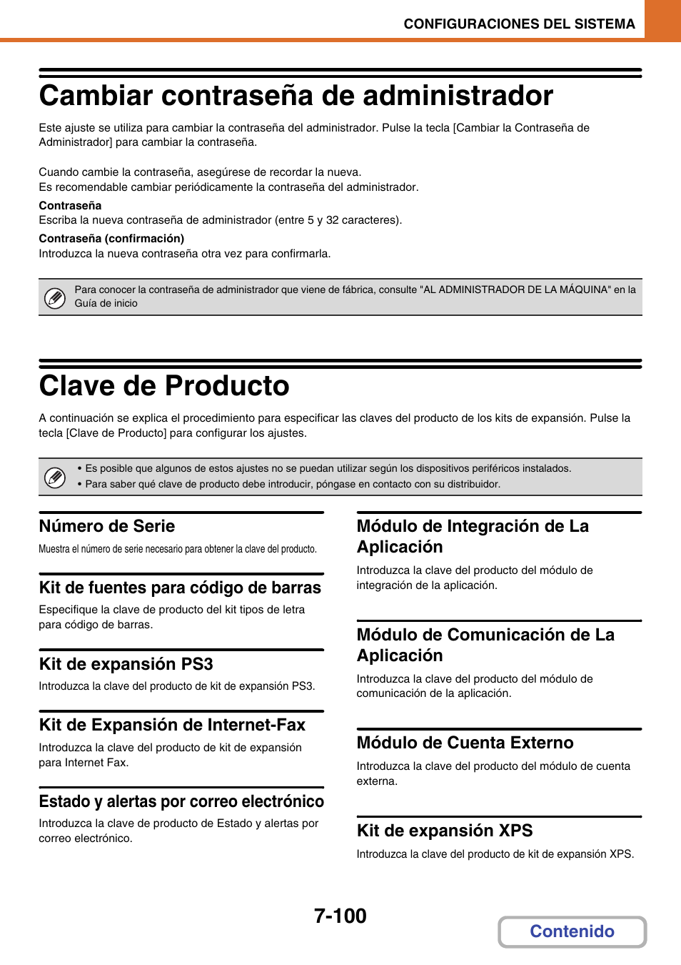Cambiar contraseña de administrador -100, Clave de producto -100, Cambiar contraseña de | Administrador, Cambiar contraseña de administrador, Clave de producto, Número de serie, Kit de fuentes para código de barras, Kit de expansión ps3, Kit de expansión de internet-fax | Sharp MX-2614N User Manual | Page 771 / 839