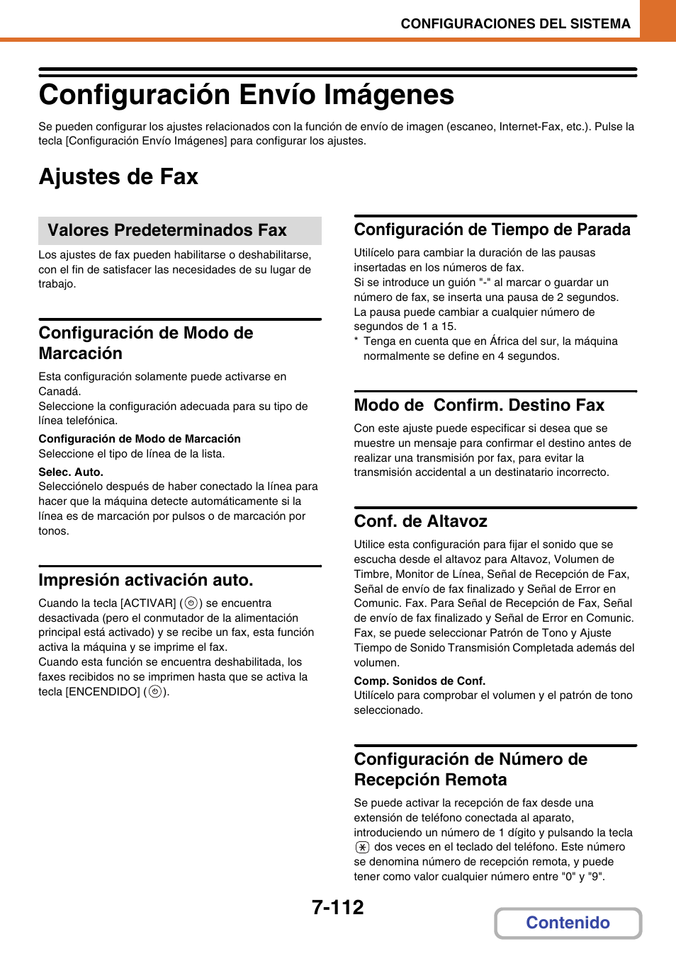 Configuración envío imágenes -112, Ajustes de fax -112, Configuración envío imágenes | Ajustes de fax, Valores predeterminados fax, Configuración de modo de marcación, Impresión activación auto, Configuración de tiempo de parada, Modo de confirm. destino fax, Conf. de altavoz | Sharp MX-2614N User Manual | Page 783 / 839