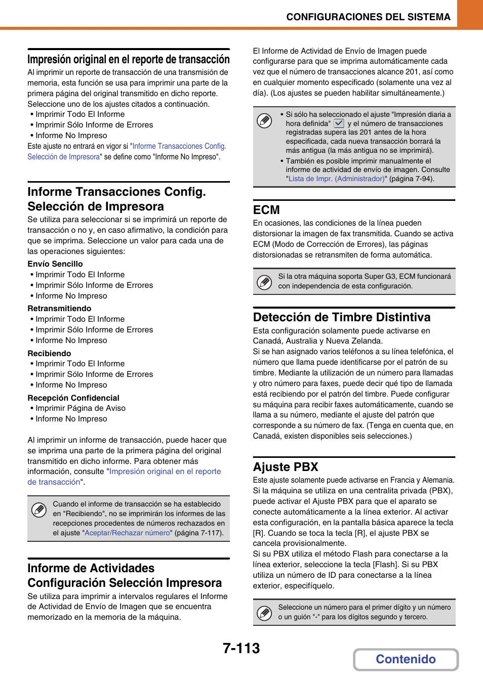 Impresión original en el reporte de transacción, Detección de timbre distintiva, Ajuste pbx | Sharp MX-2614N User Manual | Page 784 / 839