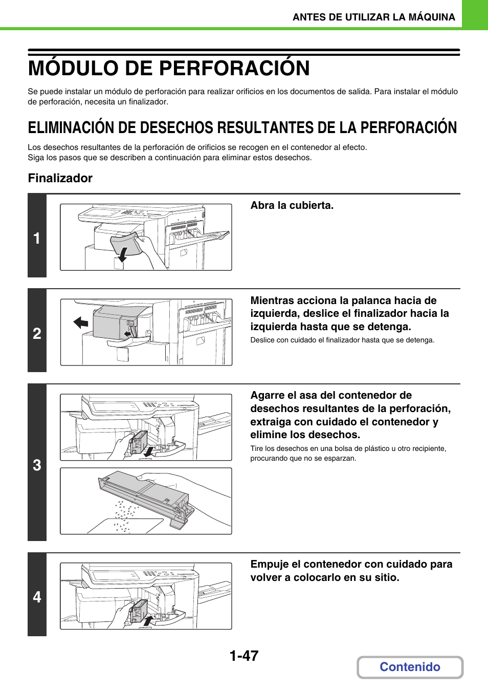 Vaciar el confeti de, Las perforaciones, Módulo de perforación -47 | Eliminación de desechos, Resultantes de la perforación -47, Módulo de perforación | Sharp MX-2614N User Manual | Page 88 / 839