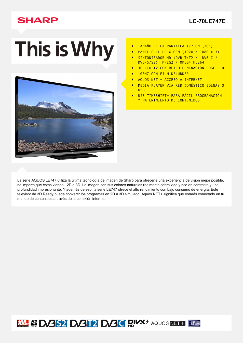 Sharp LC-70LE747E User Manual | 2 pages