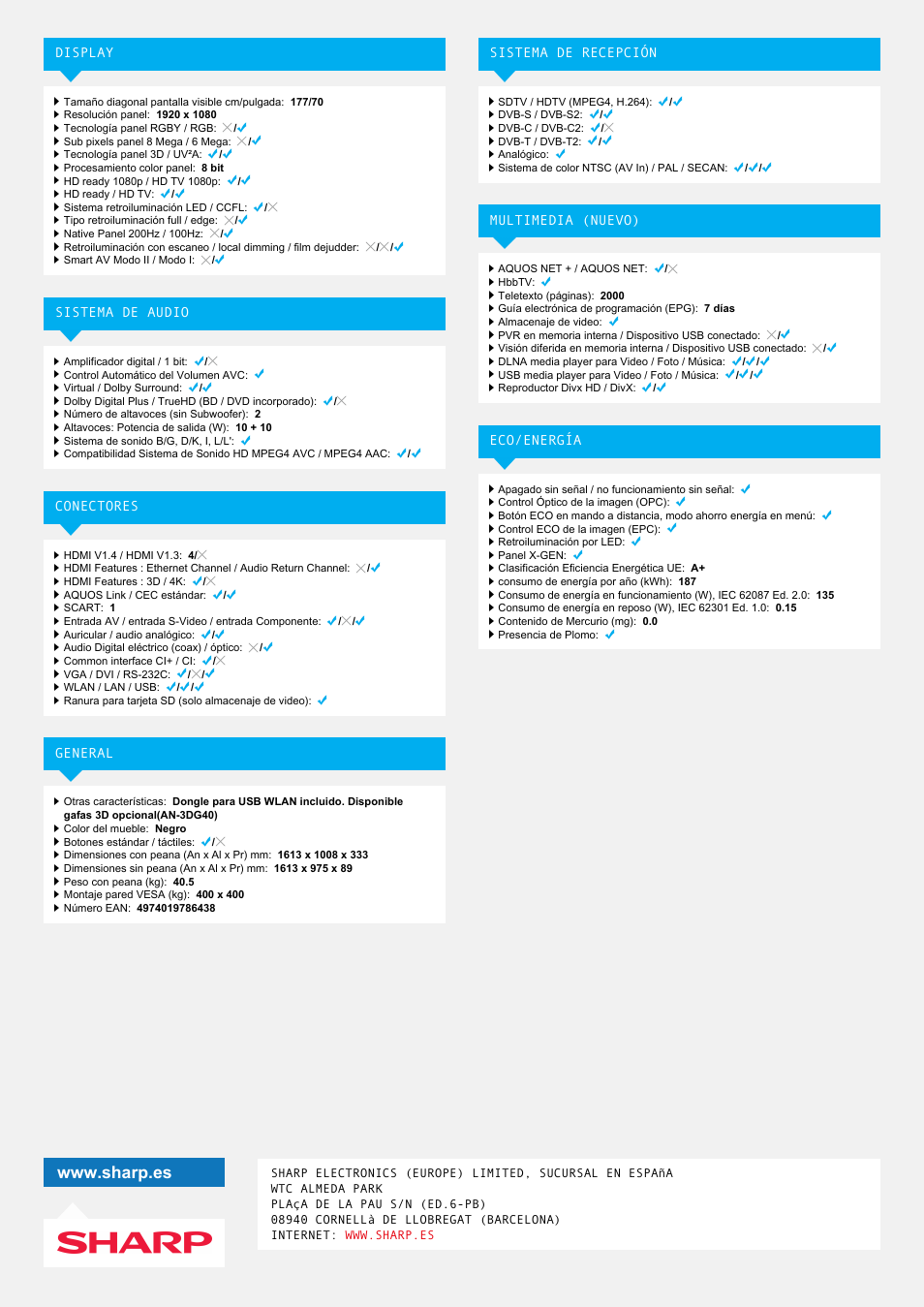 Sharp LC-70LE747E User Manual | Page 2 / 2