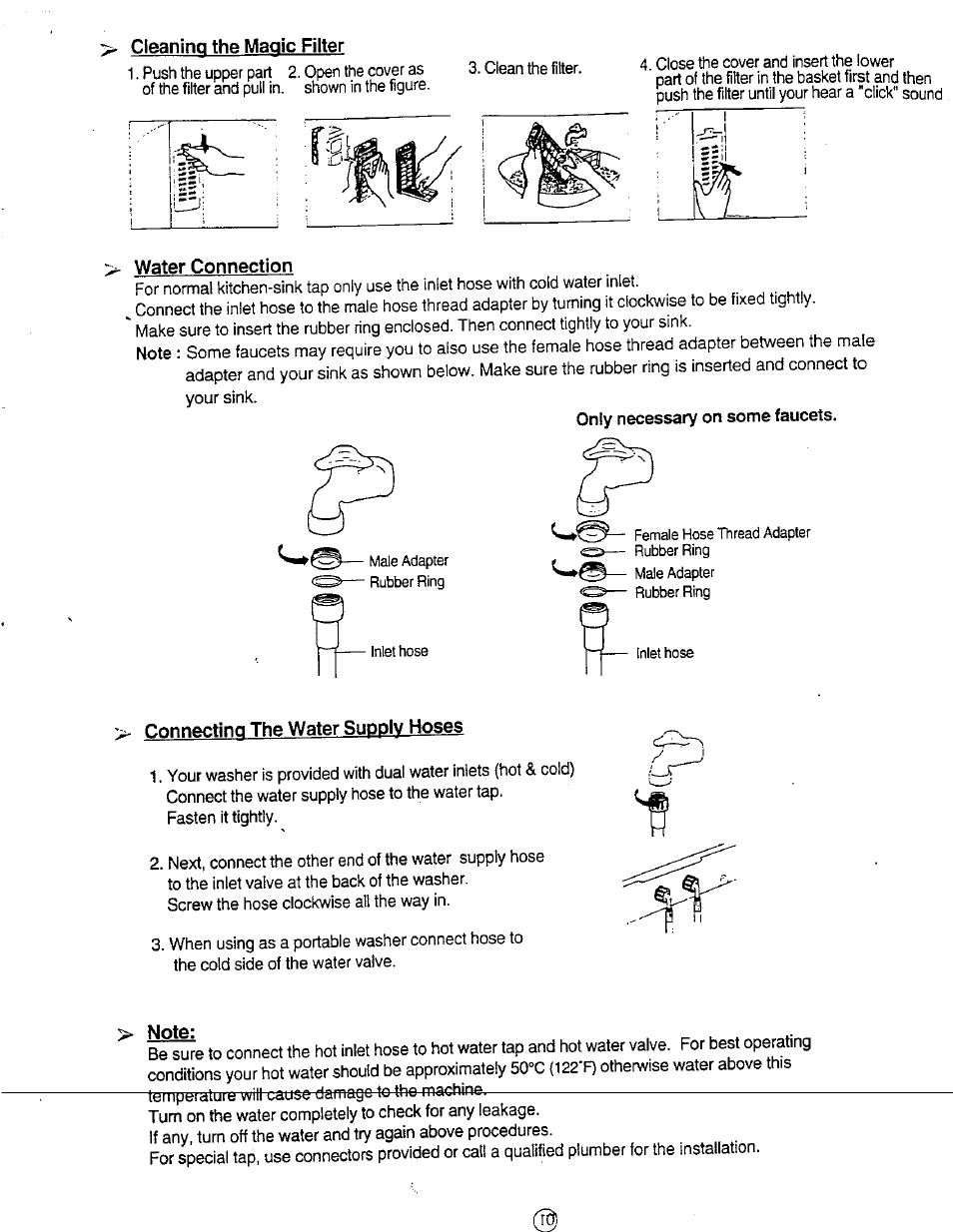 Cleaning the magic filter, Water connection, Connecting the water supply hoses | Note | Avanti W851 User Manual | Page 10 / 31