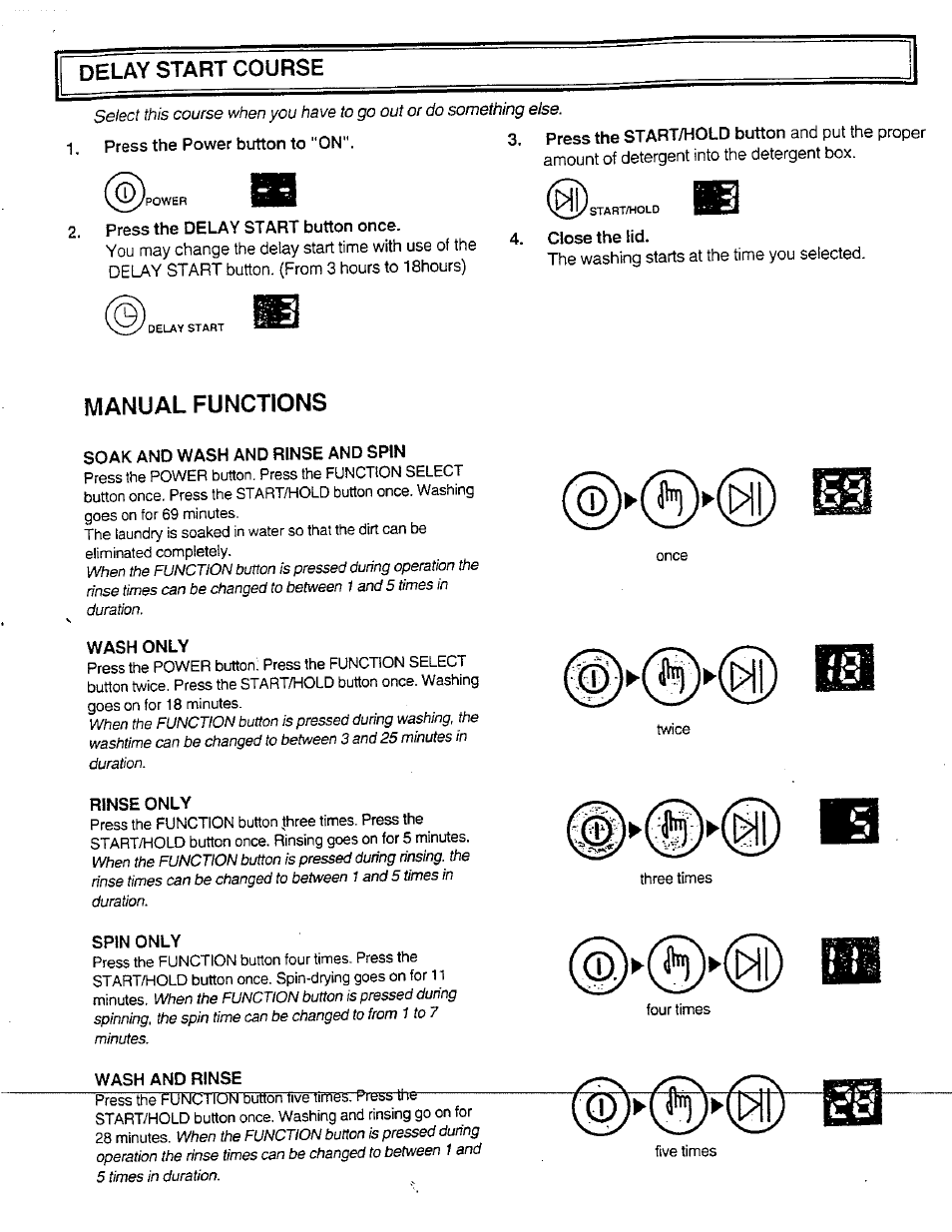 Delay start course, Press the delay start button once, Close the lid | Manual functions, Soak and wash and rinse and spin, Wash only, Rinse only, Spin only, Wash and rinse | Avanti W851 User Manual | Page 15 / 31