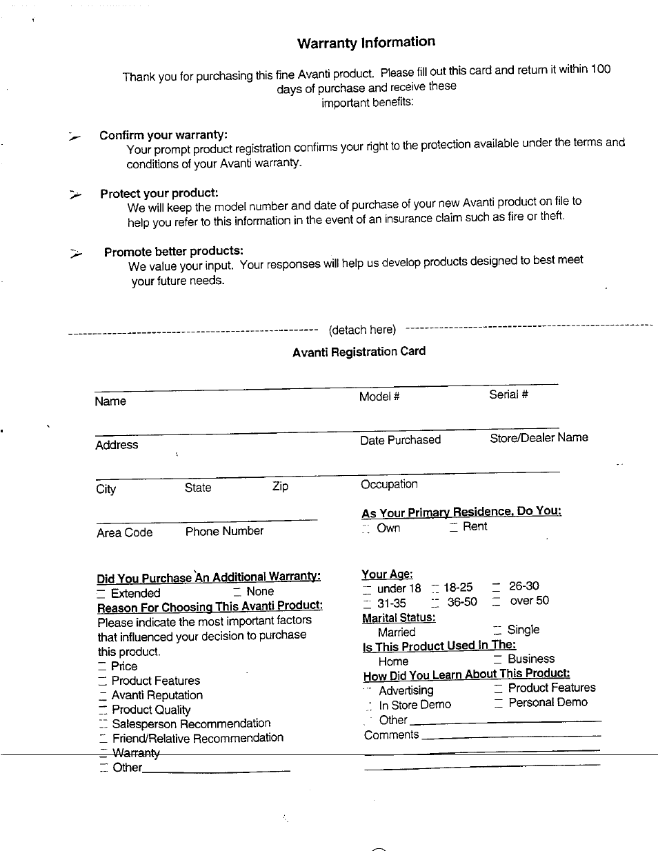 Warranty information, Confirm your warranty, Protect your product | Promote better products, As your primary residence. do you, Did you purchase an additional warranty, Your age | Avanti W851 User Manual | Page 2 / 31