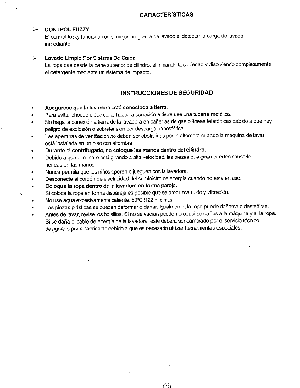 Características, Control fuzzy, Lavado limpio por sistema de caída | Avanti W851 User Manual | Page 25 / 31