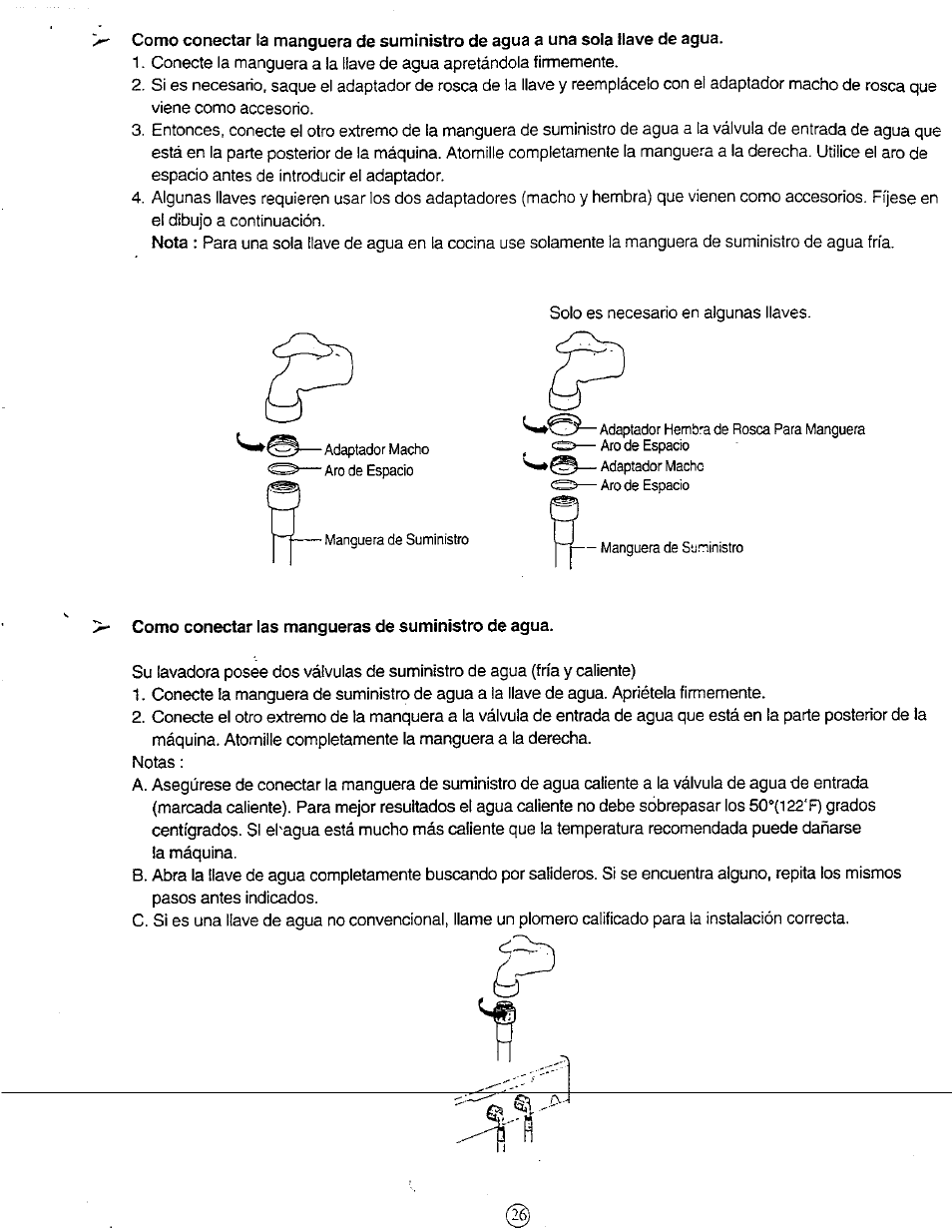 Como conectar las mangueras de suministro de agua | Avanti W851 User Manual | Page 26 / 31