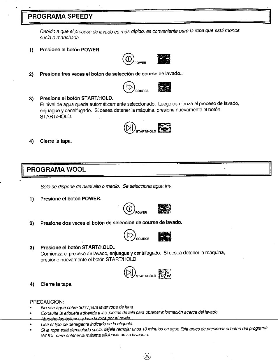 Programa speedy, Programa wool | Avanti W851 User Manual | Page 29 / 31