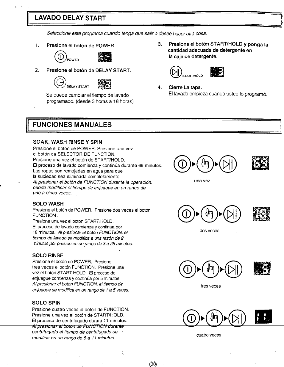 Presione el botón de power, Presione el botón de delay start, Cierre la tapa | Soak, wash rinse y spin, Solo wash, Solo rinse, Solo spin, Lavado delay start, Funciones manuales | Avanti W851 User Manual | Page 30 / 31