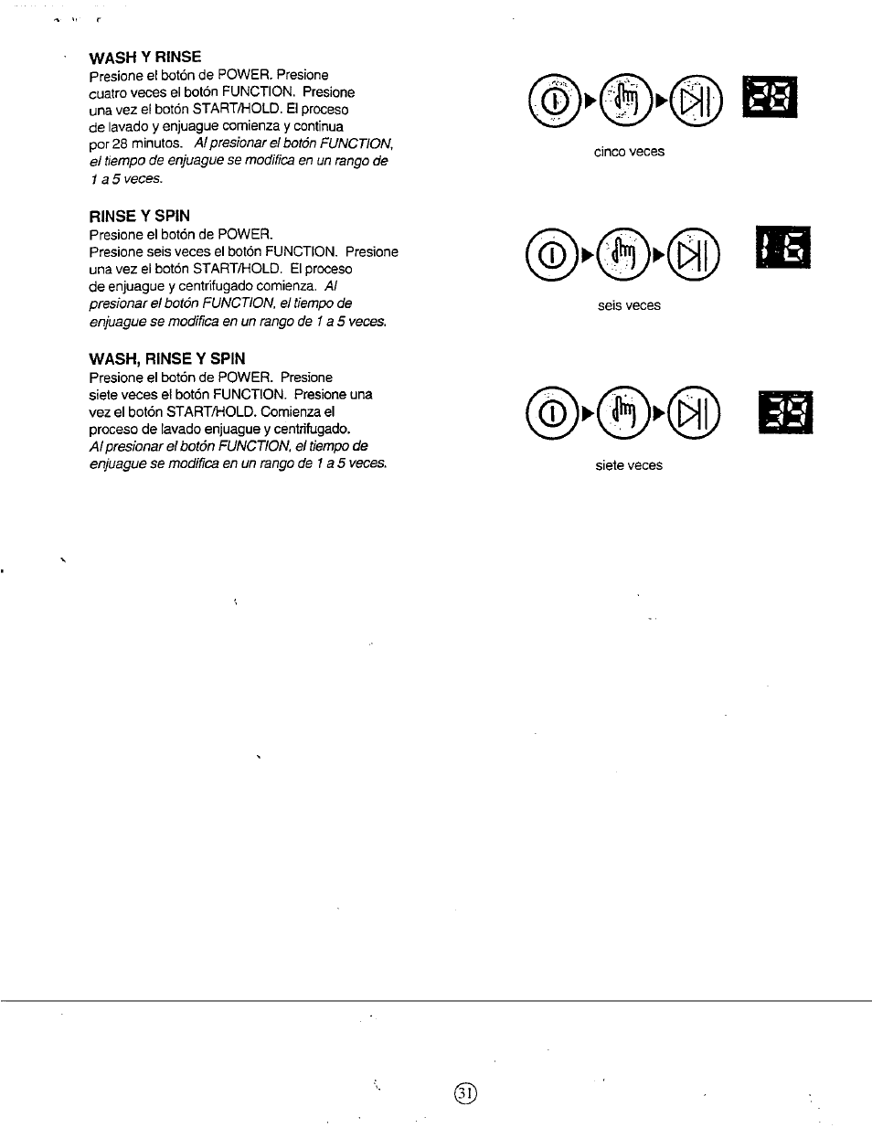 Wash y rinse, Wash, rinse y spin | Avanti W851 User Manual | Page 31 / 31