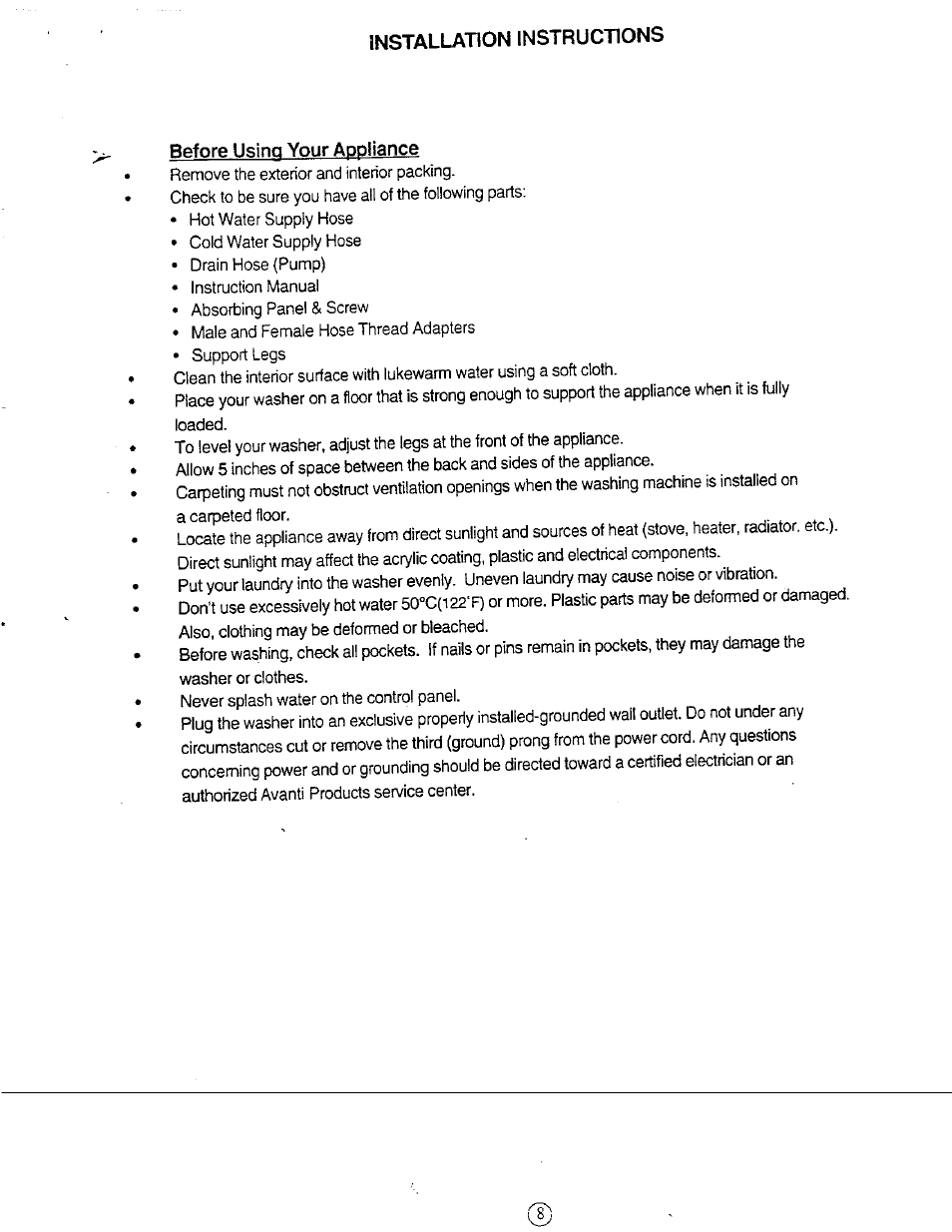 Before using your appliance, Installation instructions | Avanti W851 User Manual | Page 8 / 31