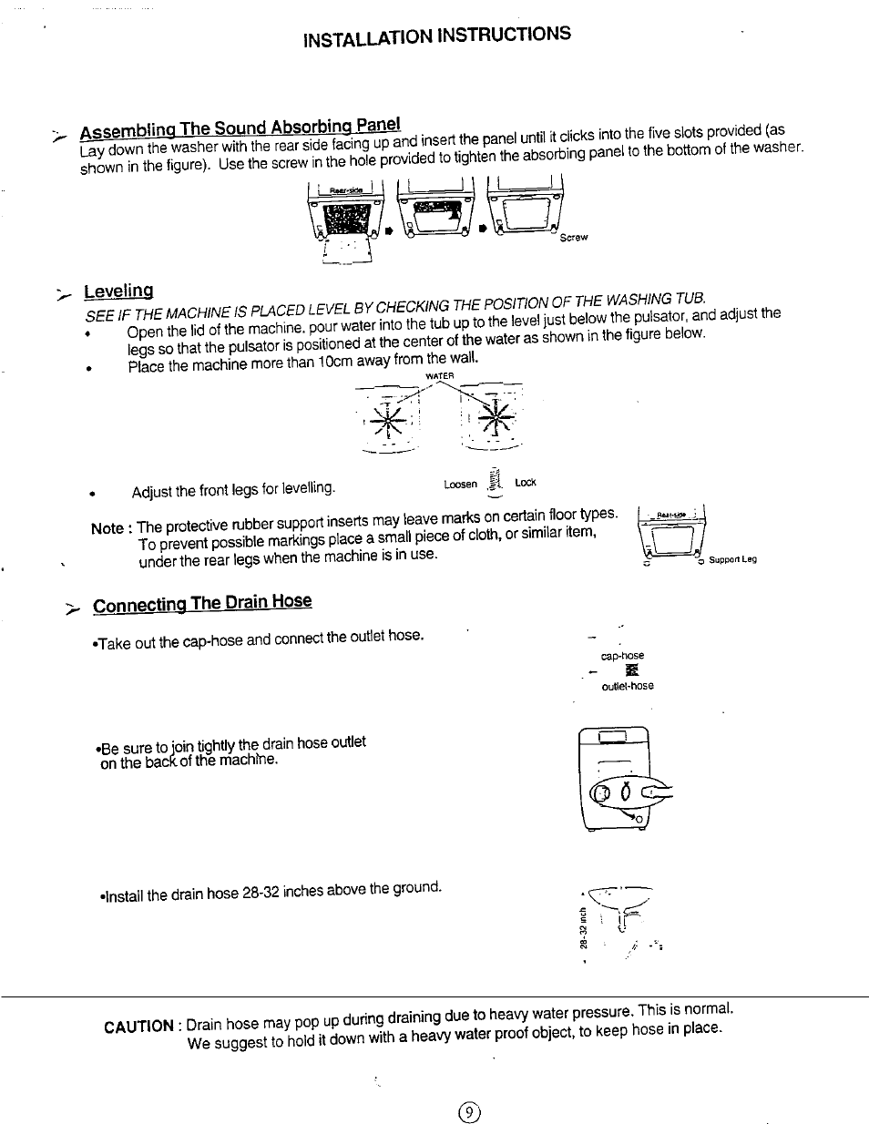 Assembling the sound absorbing panel, Leveling, Connecting the drain hose | Installation instructions | Avanti W851 User Manual | Page 9 / 31
