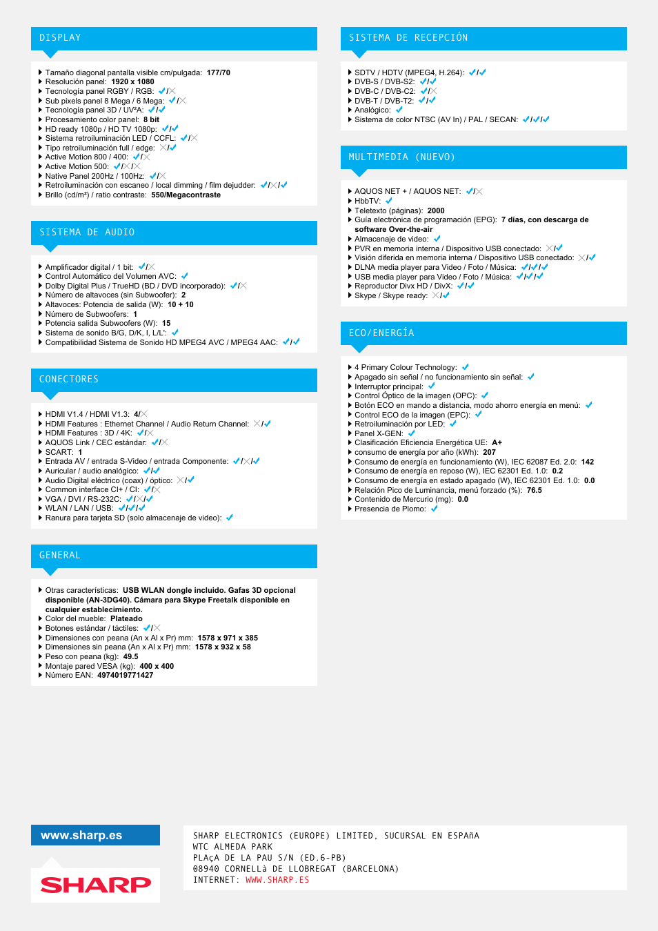Sharp LC-70LE857E User Manual | Page 2 / 2
