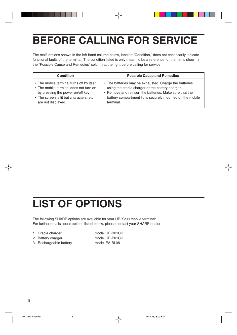 Before calling for service, List of options | Sharp UP-X200 User Manual | Page 10 / 48