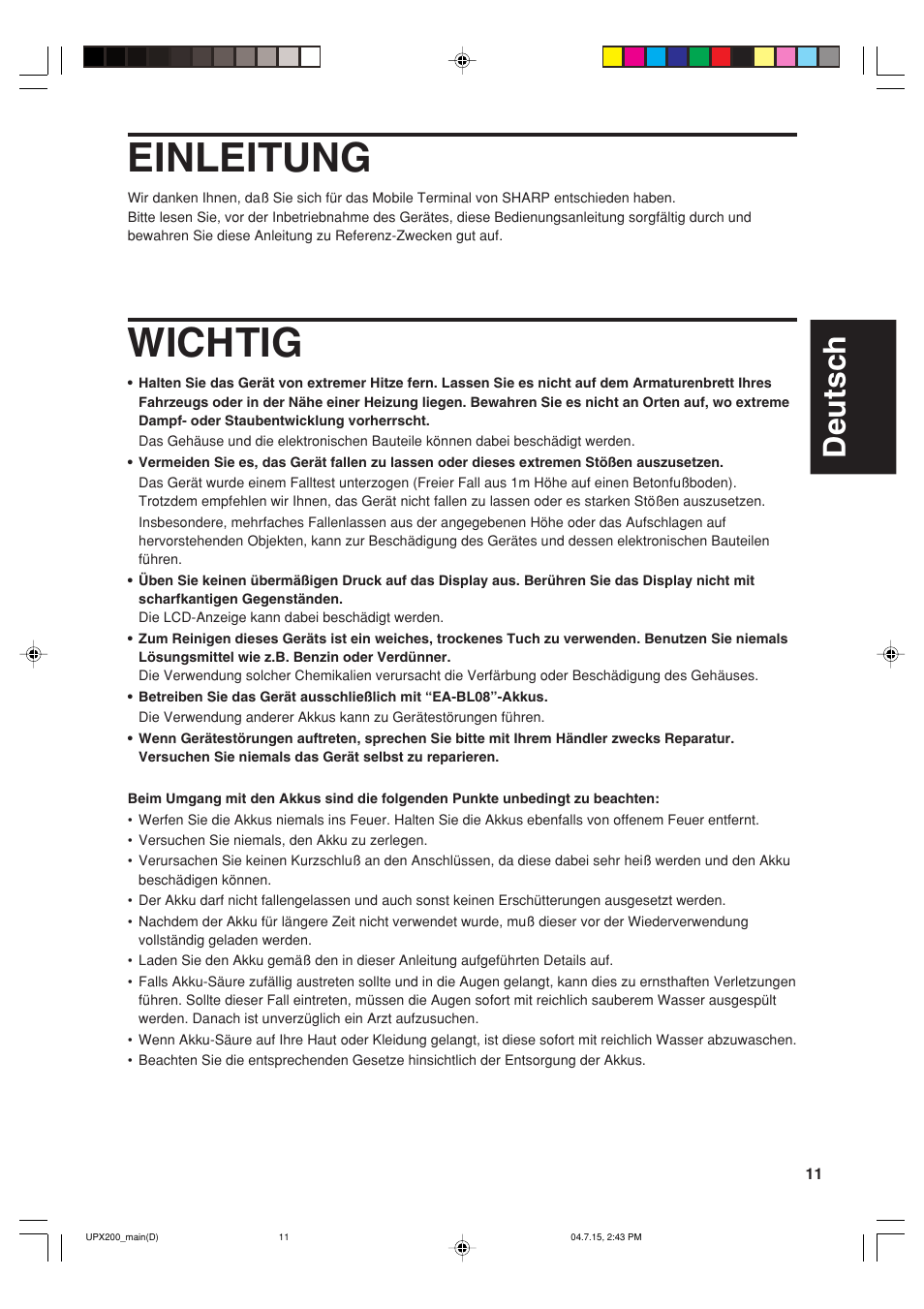 Einleitung, Wichtig, Deutsch | Sharp UP-X200 User Manual | Page 13 / 48