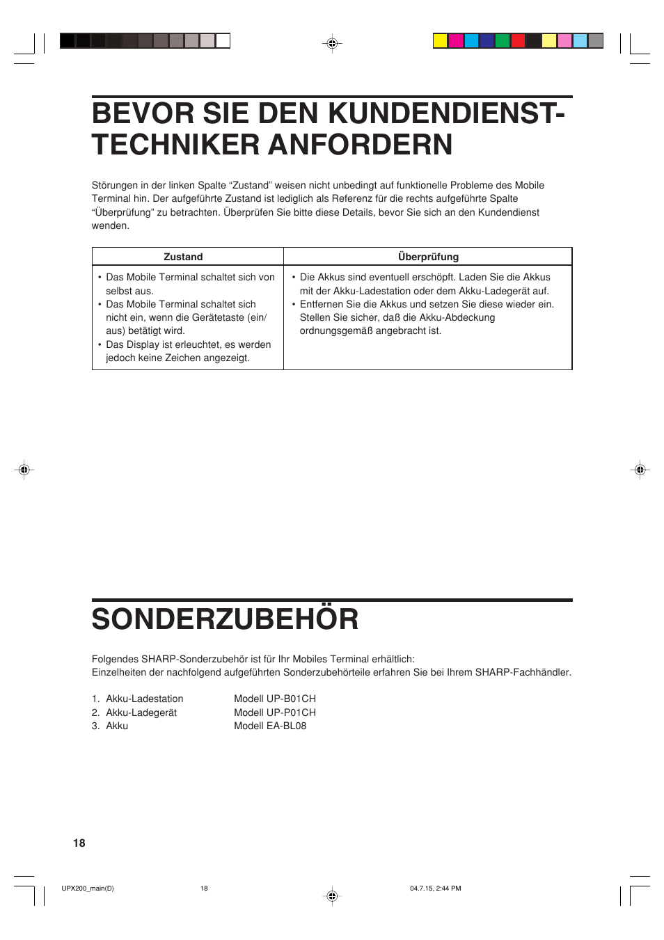 Bevor sie den kundendienst- techniker anfordern, Sonderzubehör | Sharp UP-X200 User Manual | Page 20 / 48