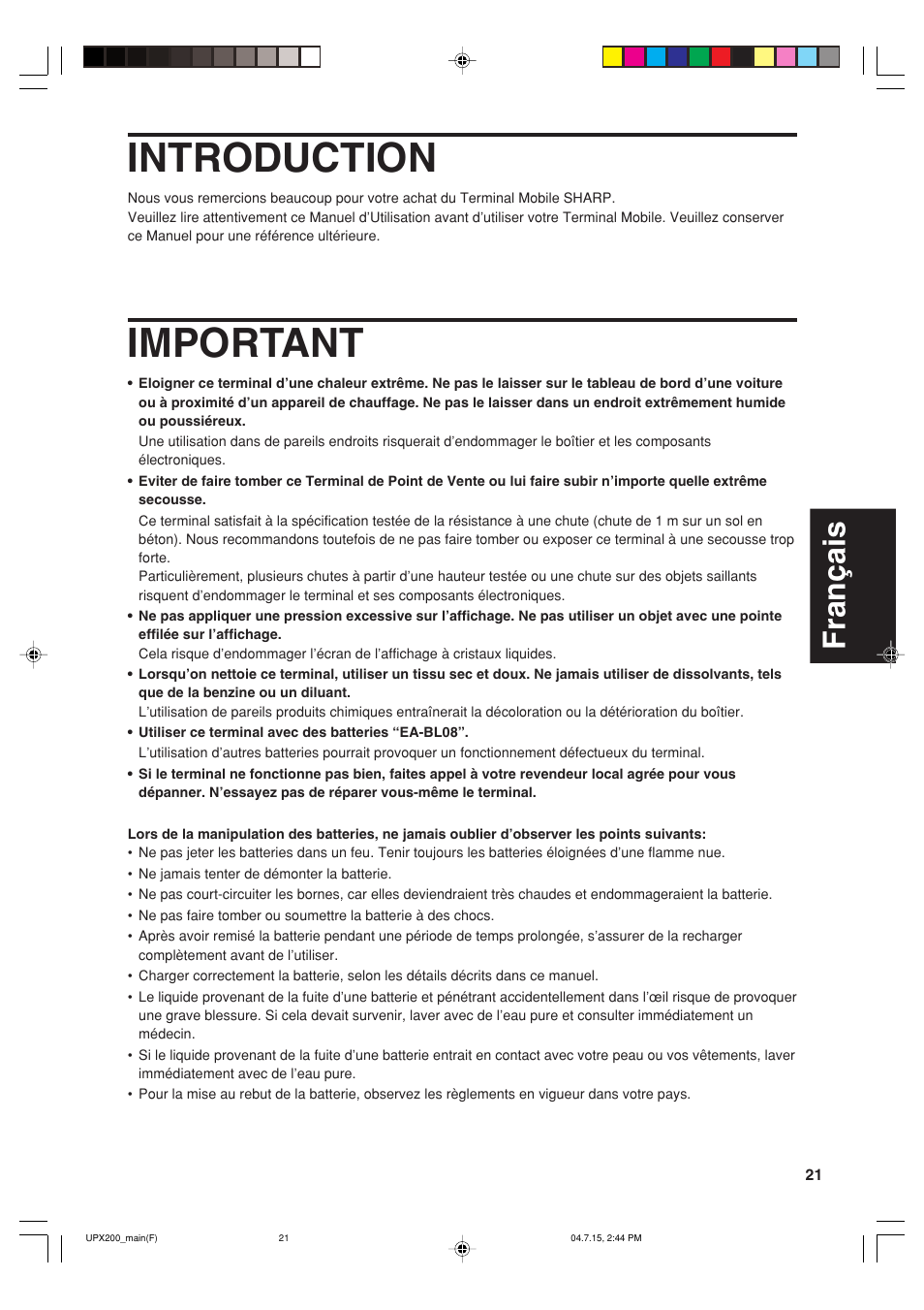 Introduction, Important, Français | Sharp UP-X200 User Manual | Page 23 / 48