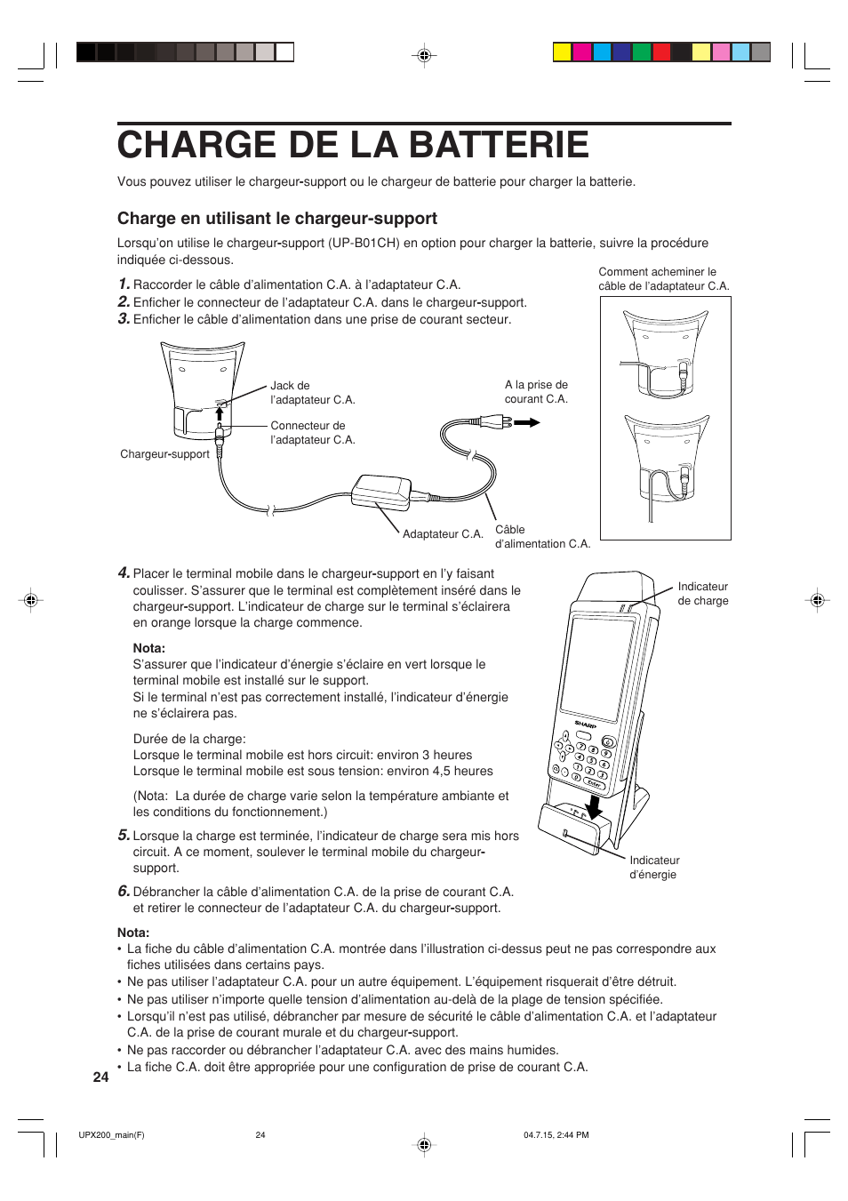 Charge de la batterie, Charge en utilisant le chargeur-support | Sharp UP-X200 User Manual | Page 26 / 48