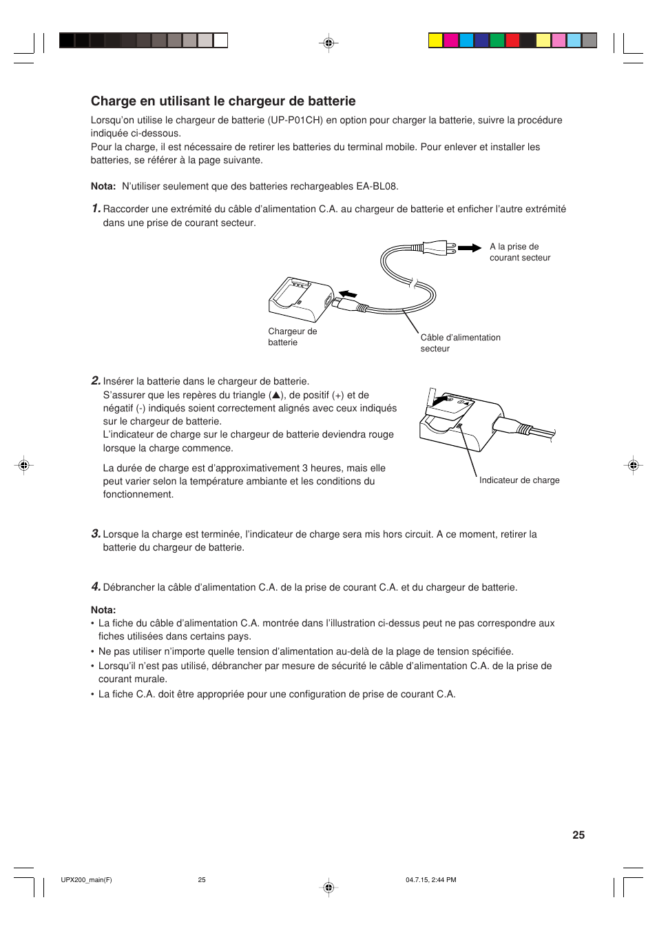 Charge en utilisant le chargeur de batterie | Sharp UP-X200 User Manual | Page 27 / 48