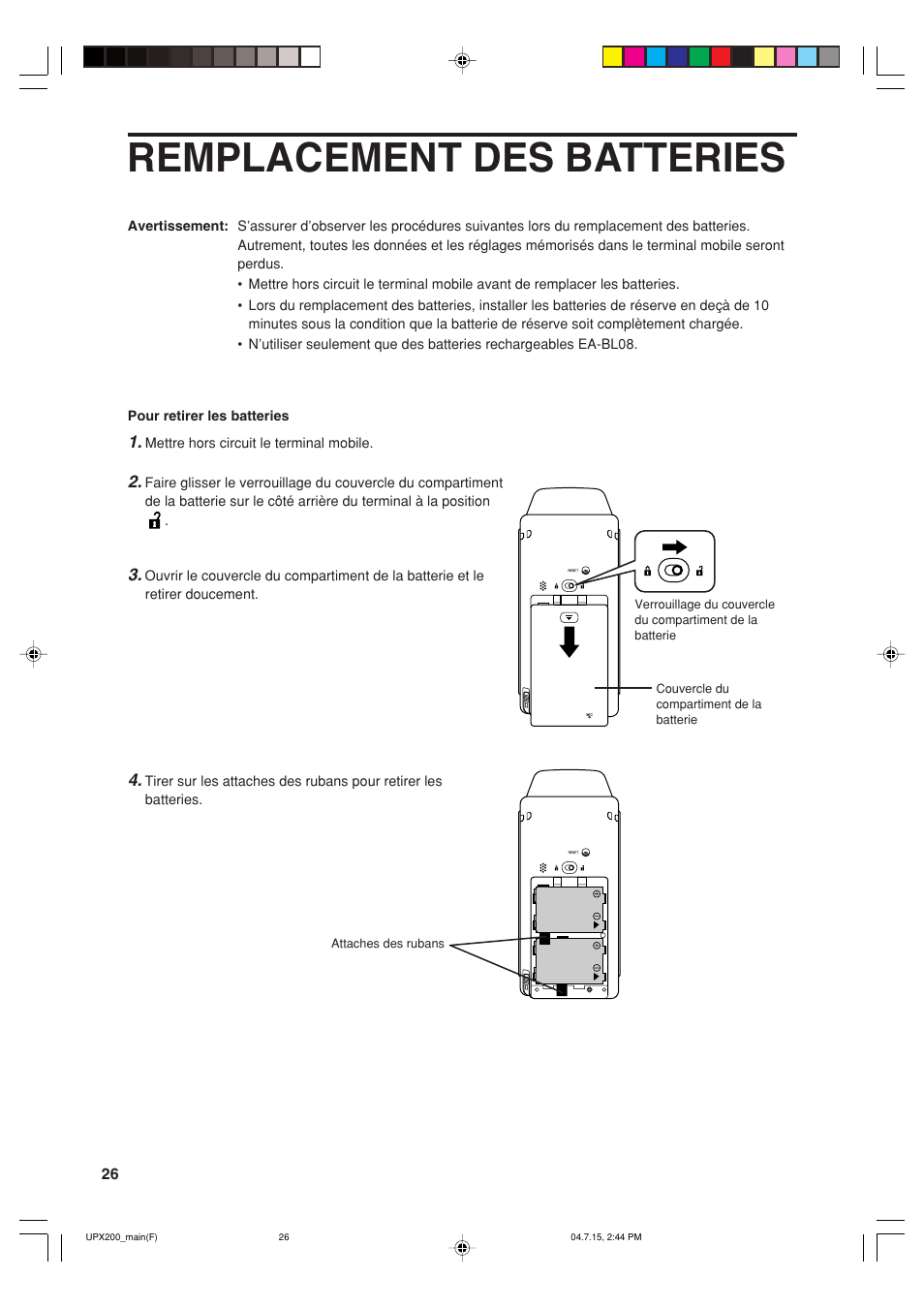 Remplacement des batteries | Sharp UP-X200 User Manual | Page 28 / 48