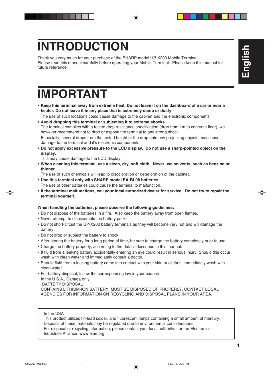 Introduction, Important, English | Sharp UP-X200 User Manual | Page 3 / 48