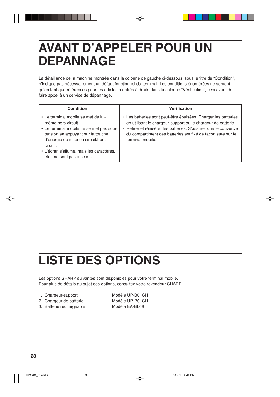 Avant d’appeler pour un depannage, Liste des options | Sharp UP-X200 User Manual | Page 30 / 48