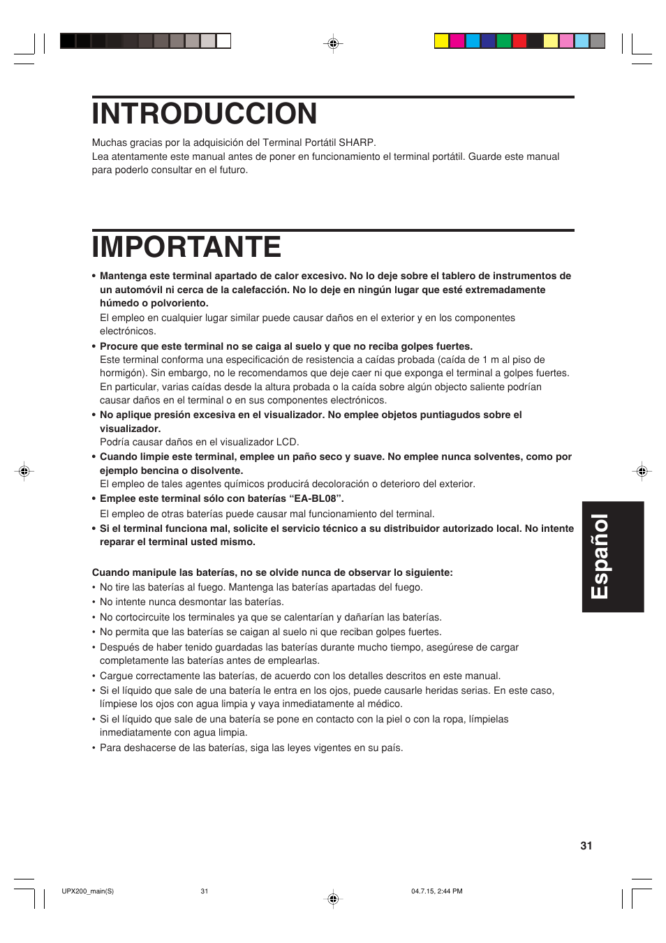 Introduccion, Importante, Español | Sharp UP-X200 User Manual | Page 33 / 48