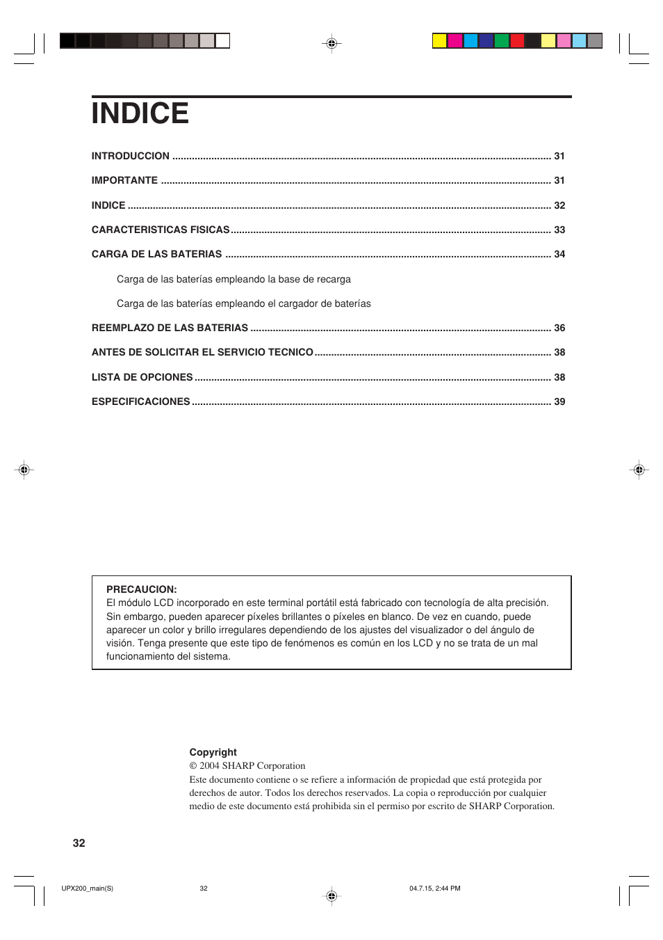 Indice | Sharp UP-X200 User Manual | Page 34 / 48