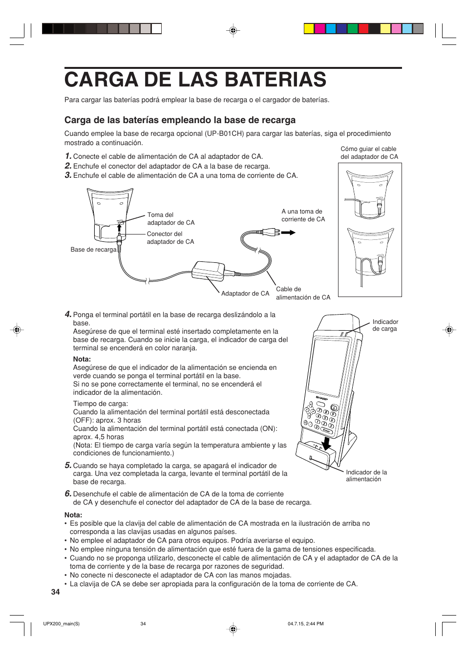Carga de las baterias, Carga de las baterías empleando la base de recarga | Sharp UP-X200 User Manual | Page 36 / 48