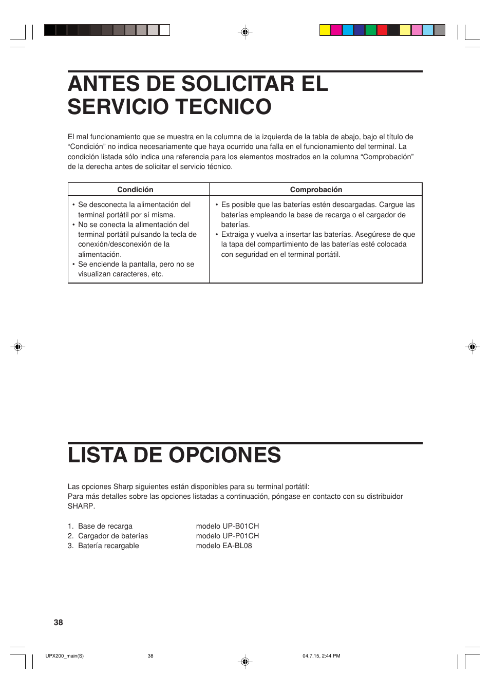 Antes de solicitar el servicio tecnico, Lista de opciones | Sharp UP-X200 User Manual | Page 40 / 48