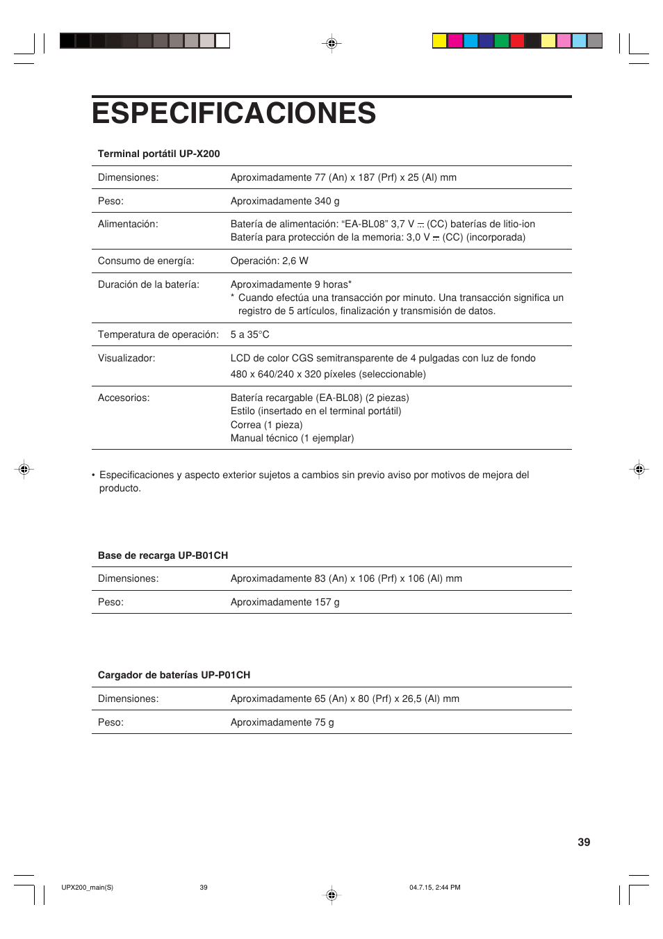 Especificaciones | Sharp UP-X200 User Manual | Page 41 / 48