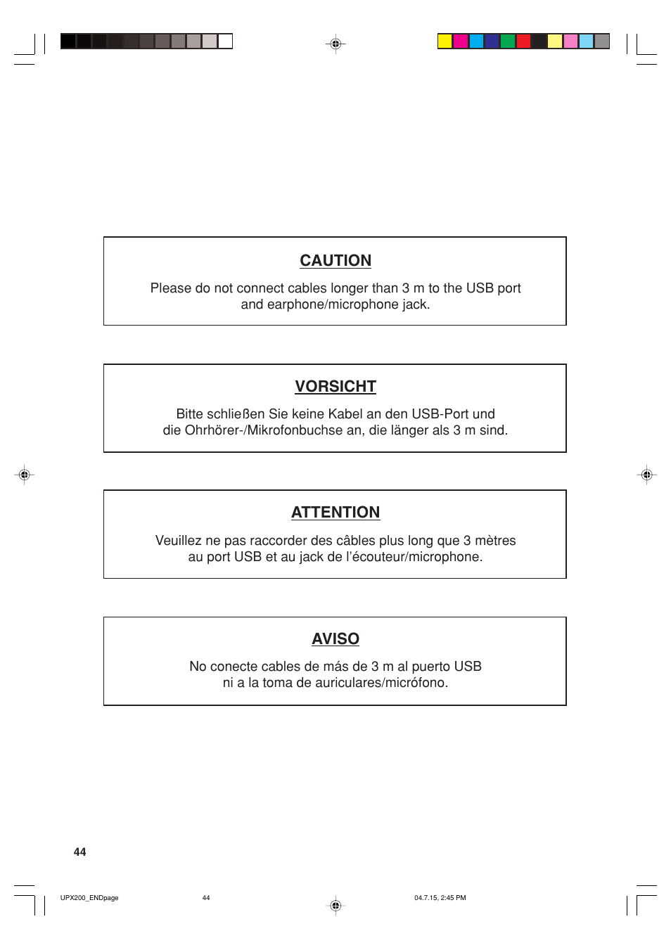 Caution, Vorsicht, Attention | Aviso | Sharp UP-X200 User Manual | Page 46 / 48