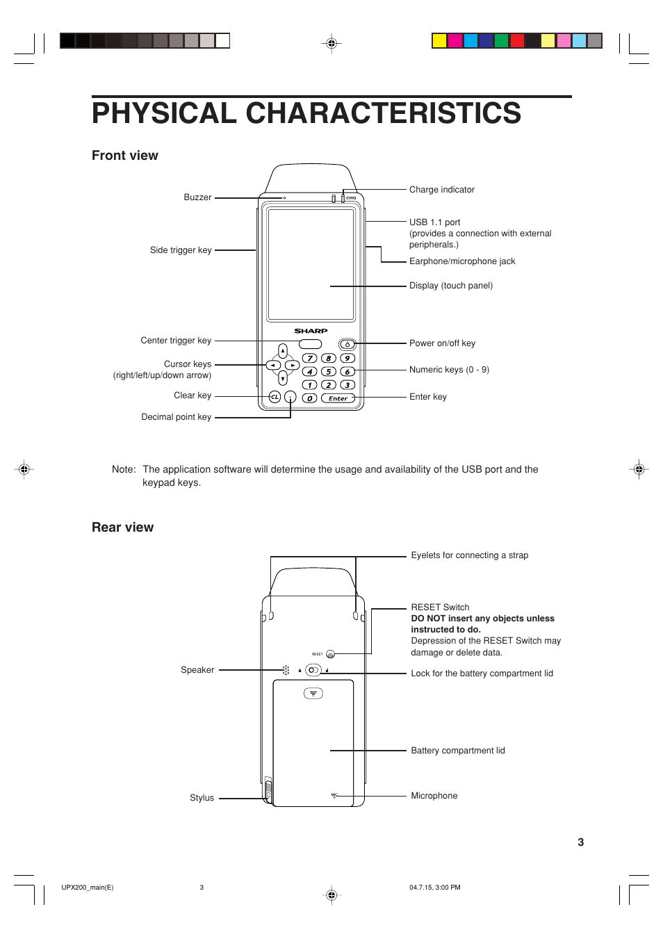 Physical characteristics, Front view, Rear view | Sharp UP-X200 User Manual | Page 5 / 48