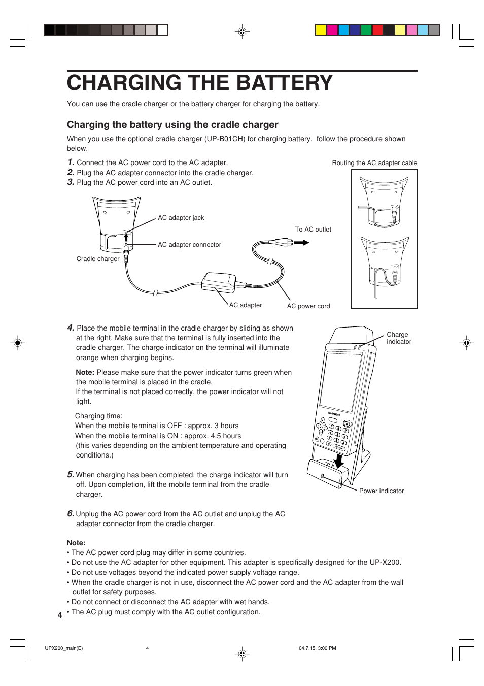 Charging the battery, Charging the battery using the cradle charger | Sharp UP-X200 User Manual | Page 6 / 48