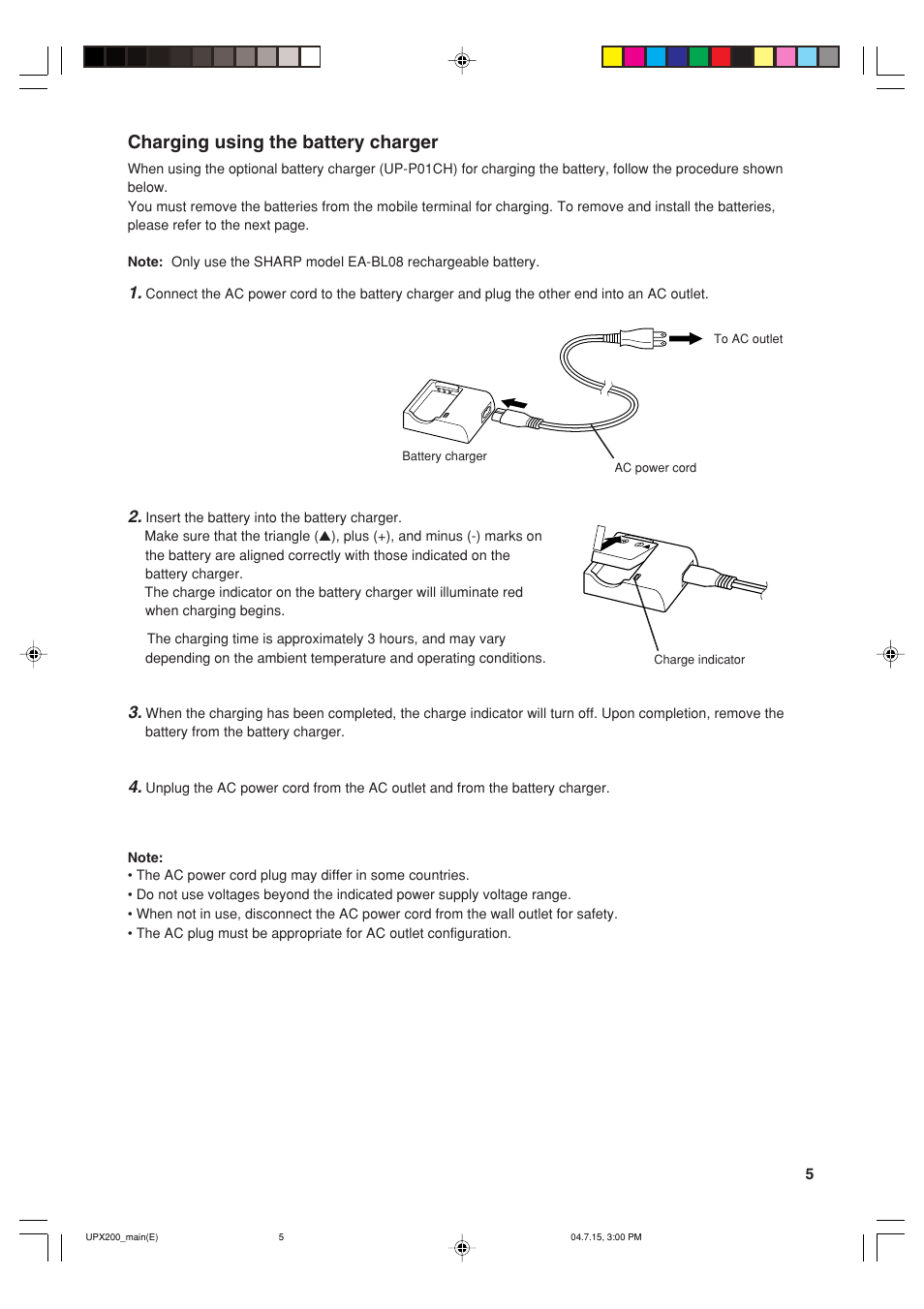 Charging using the battery charger | Sharp UP-X200 User Manual | Page 7 / 48