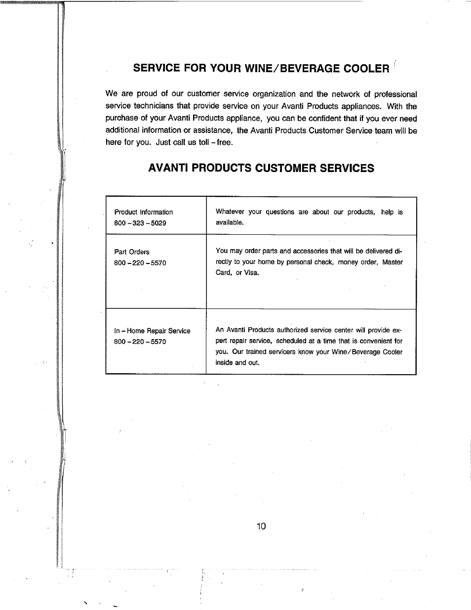 Service for your wine/beverage cooler, Avanti products customer services | Avanti WC492D User Manual | Page 11 / 17