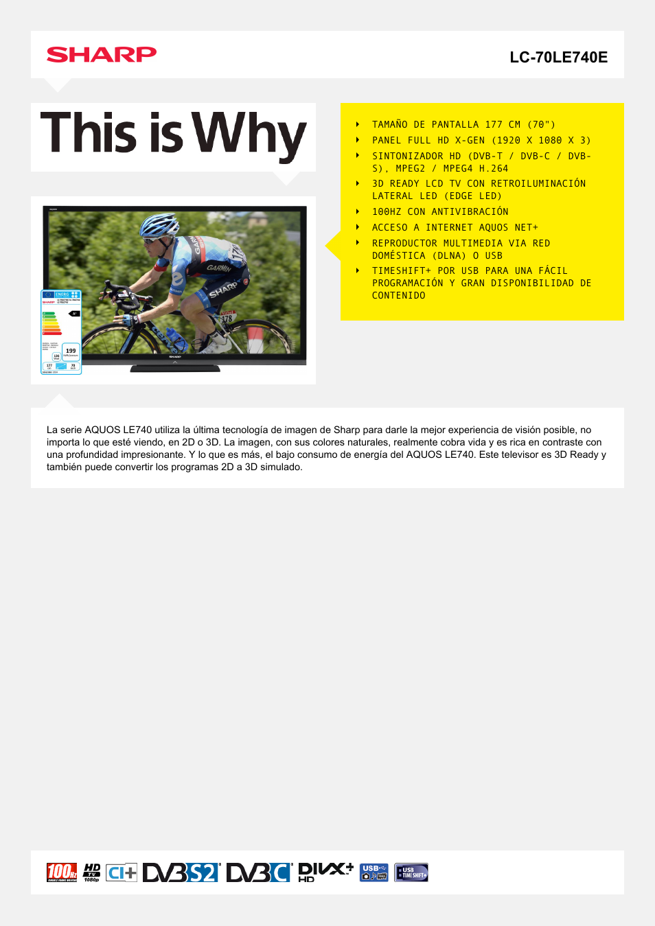 Sharp LC-70LE740E User Manual | 2 pages