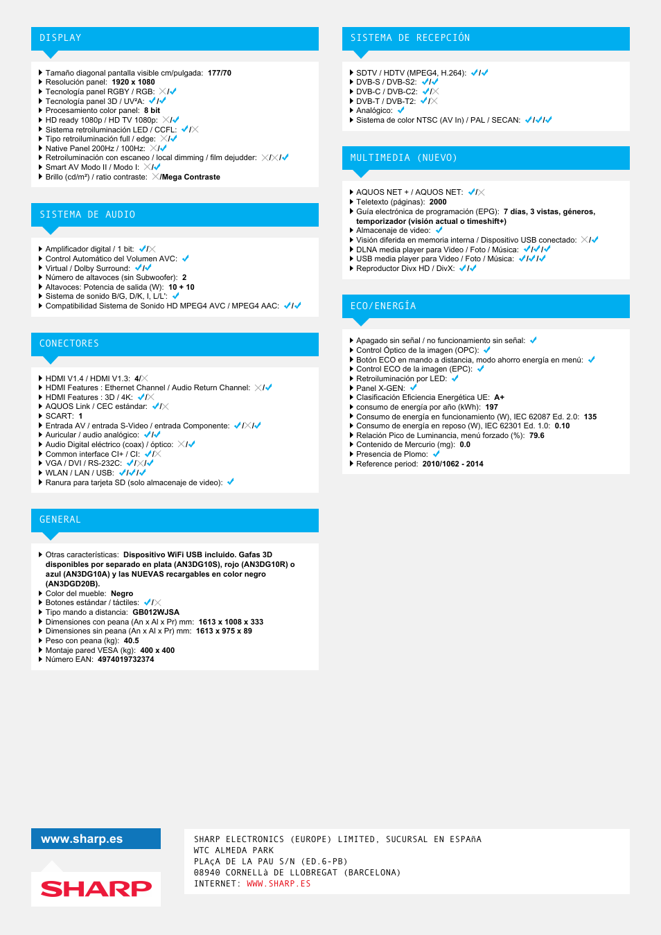 Sharp LC-70LE740E User Manual | Page 2 / 2