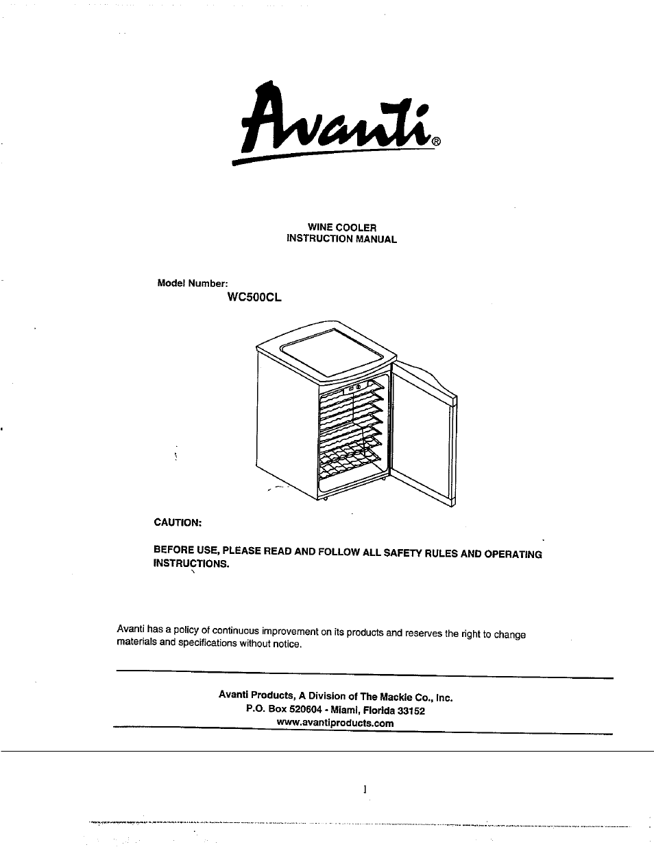 Avanti WC500CL User Manual | 16 pages