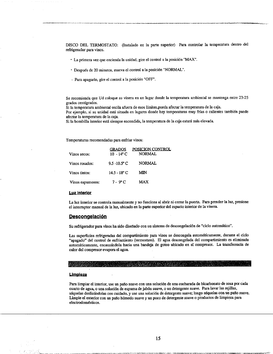 Limpieza | Avanti WC500CL User Manual | Page 15 / 16