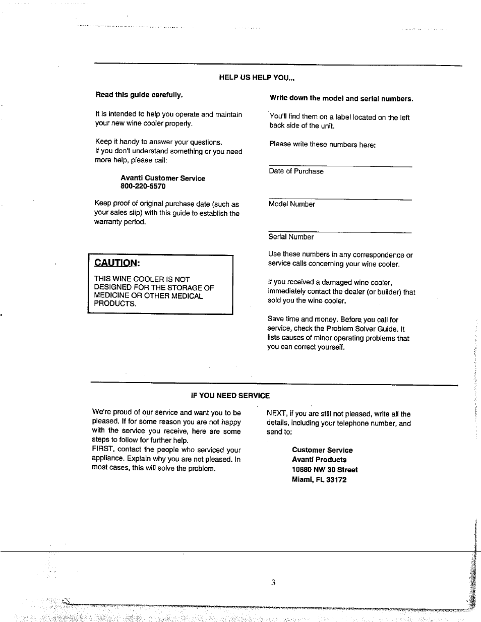 Help us help you, Read this guide carefully, Avanti customer service 800-220-5s70 | Write down the model and serial numbers, If you need service, Caution | Avanti WC500CL User Manual | Page 3 / 16