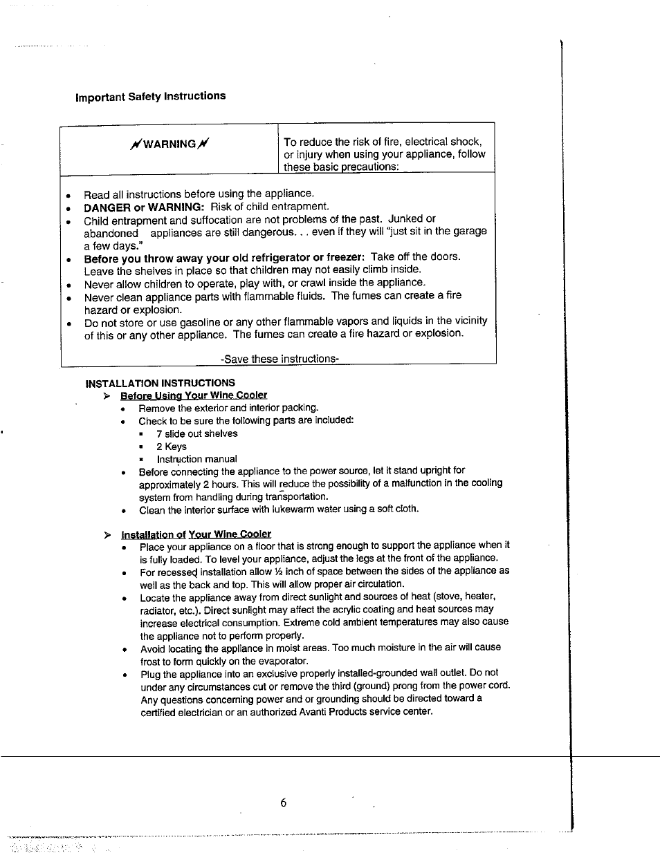 Important safety instructions, Ywarningy, Installation instructions | Avanti WC500CL User Manual | Page 6 / 16