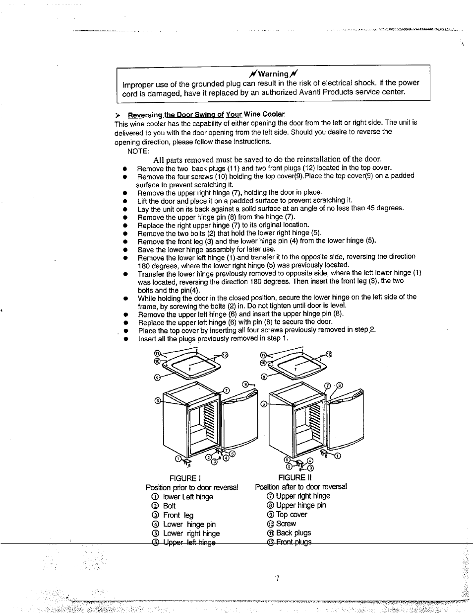 Warning, Reversing the door swing of your wine cooler | Avanti WC500CL User Manual | Page 7 / 16