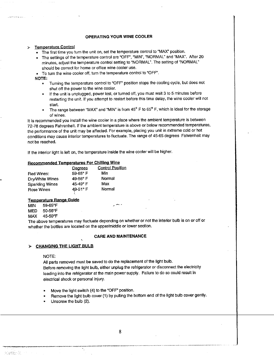 Care and maintenance, Changing the light bulb | Avanti WC500CL User Manual | Page 8 / 16