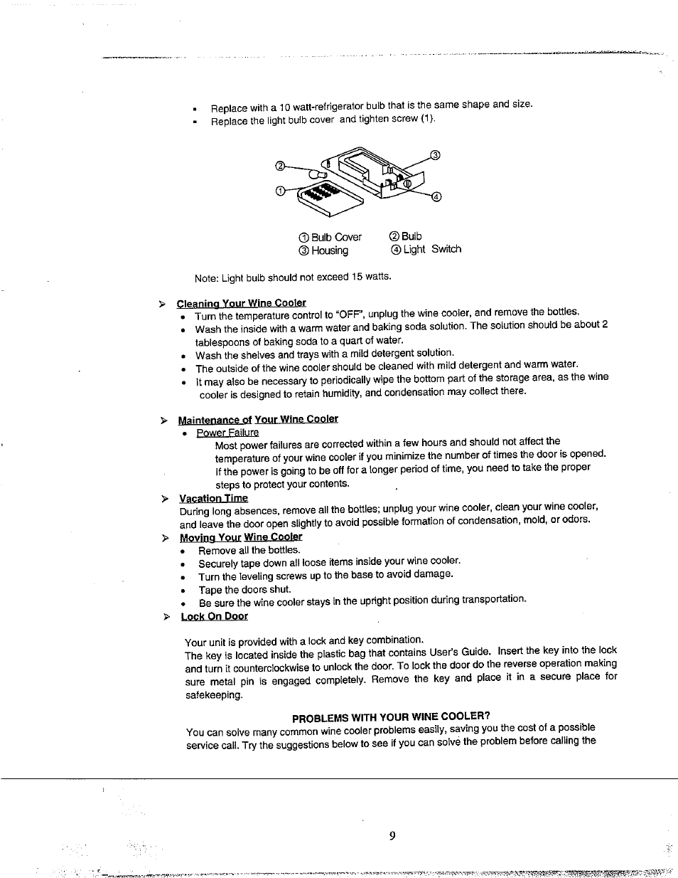 Cleaning your wine cooler, Maintenance of your wine cooler, Problems with your wine cooler | Avanti WC500CL User Manual | Page 9 / 16