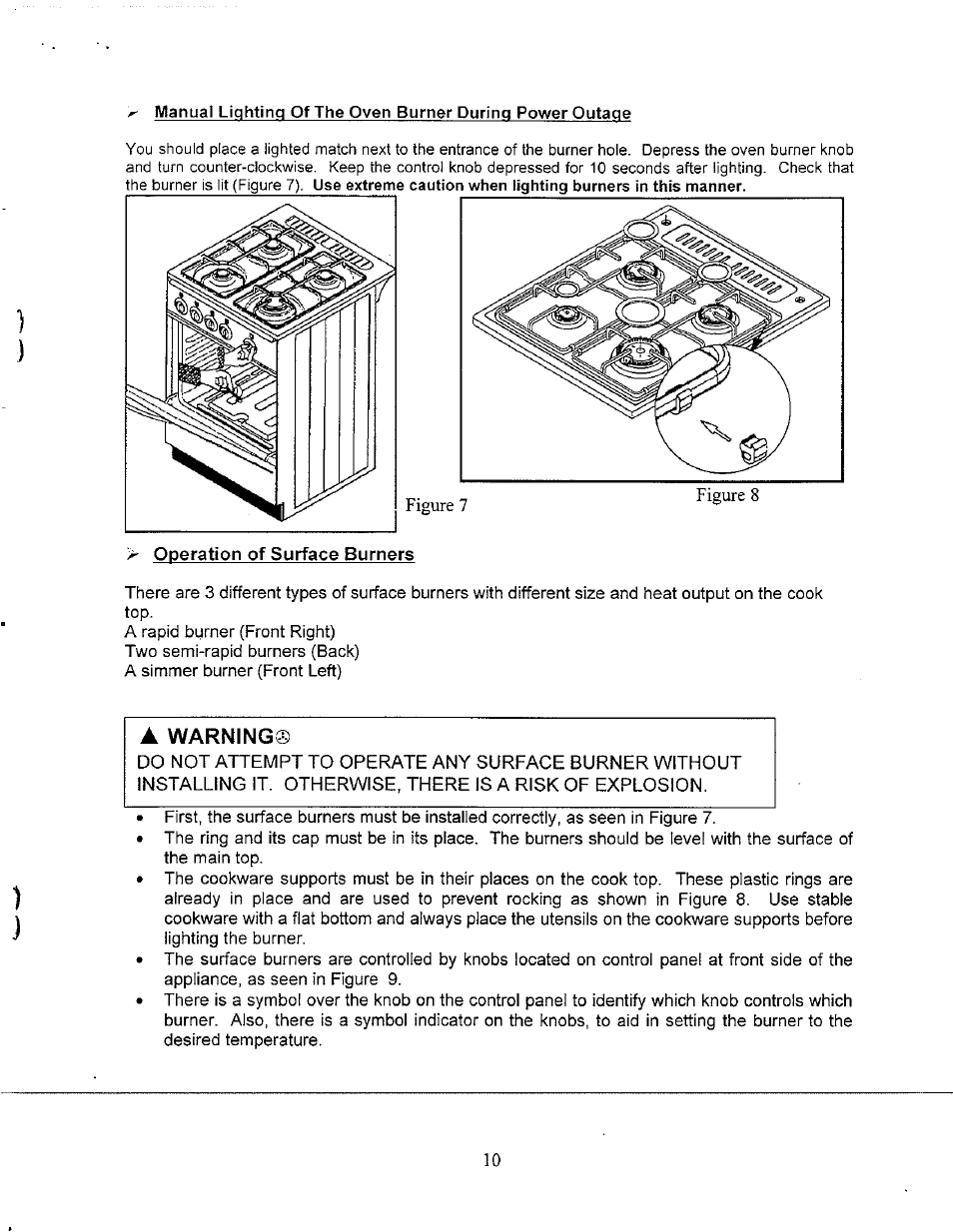 Warning, Operation of surface burners | Avanti GR-24BG User Manual | Page 10 / 18