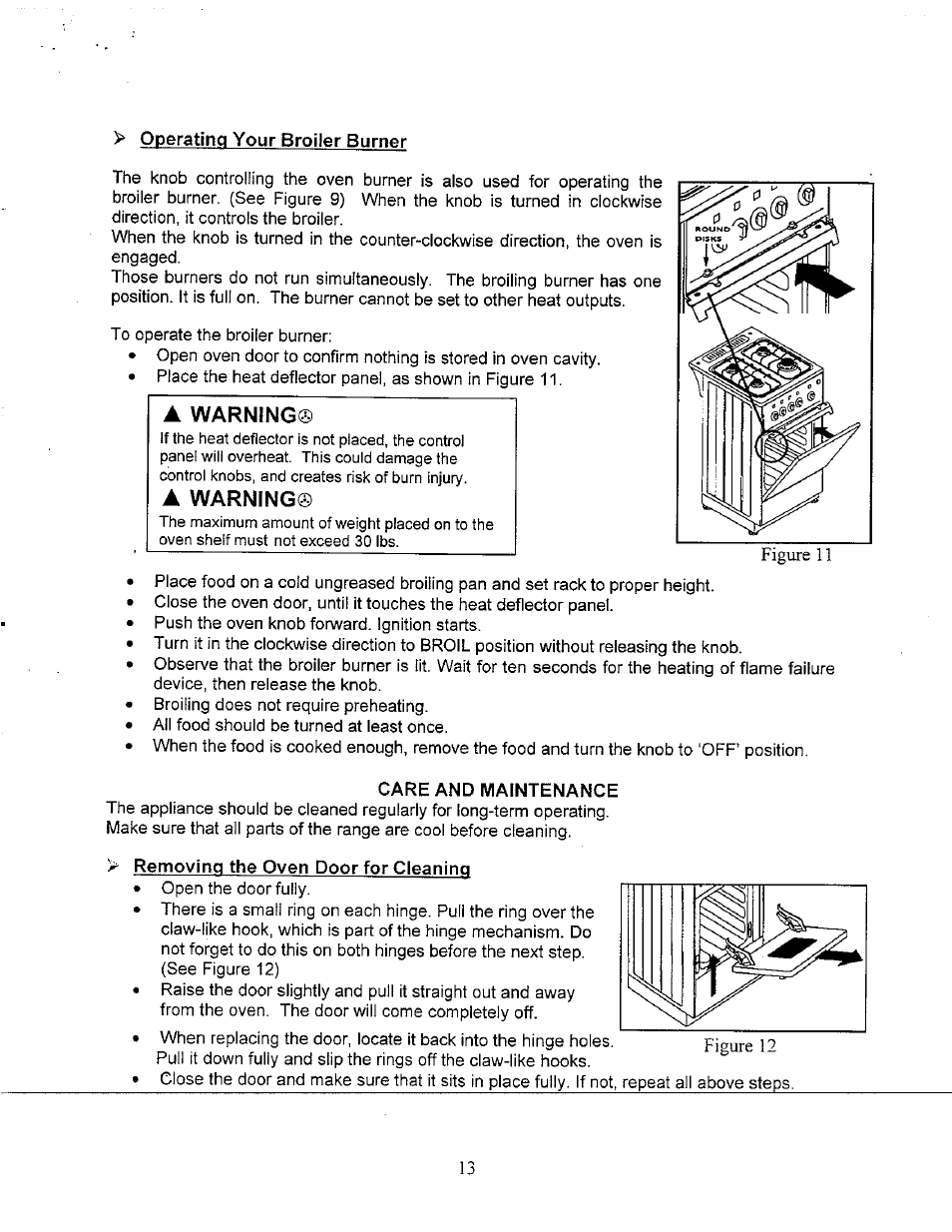 Care and maintenance, Removing the oven door for cleaning, Warning | Avanti GR-24BG User Manual | Page 13 / 18