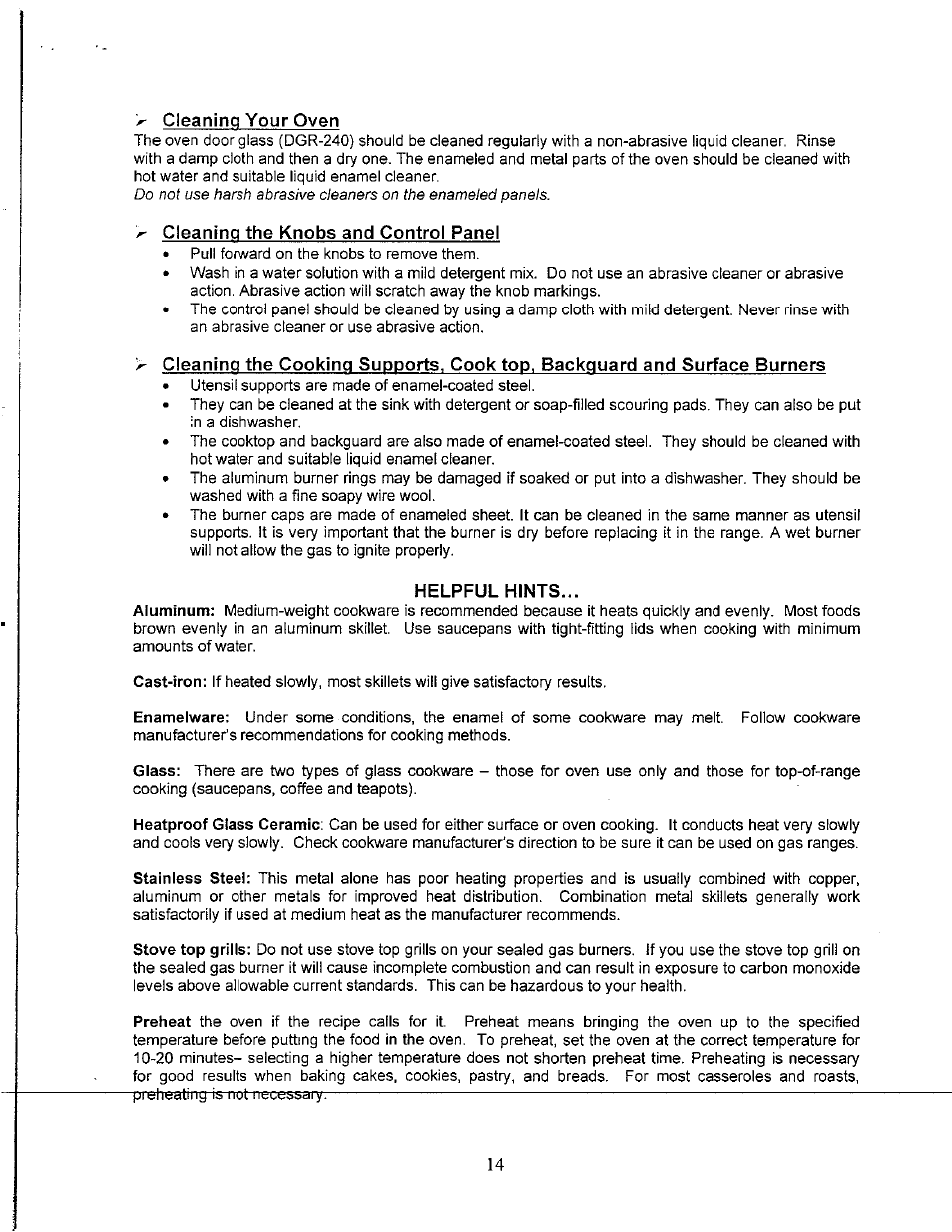 Cleaning your oven, Cleaning the knobs and control panel, Helpful hints | Avanti GR-24BG User Manual | Page 14 / 18