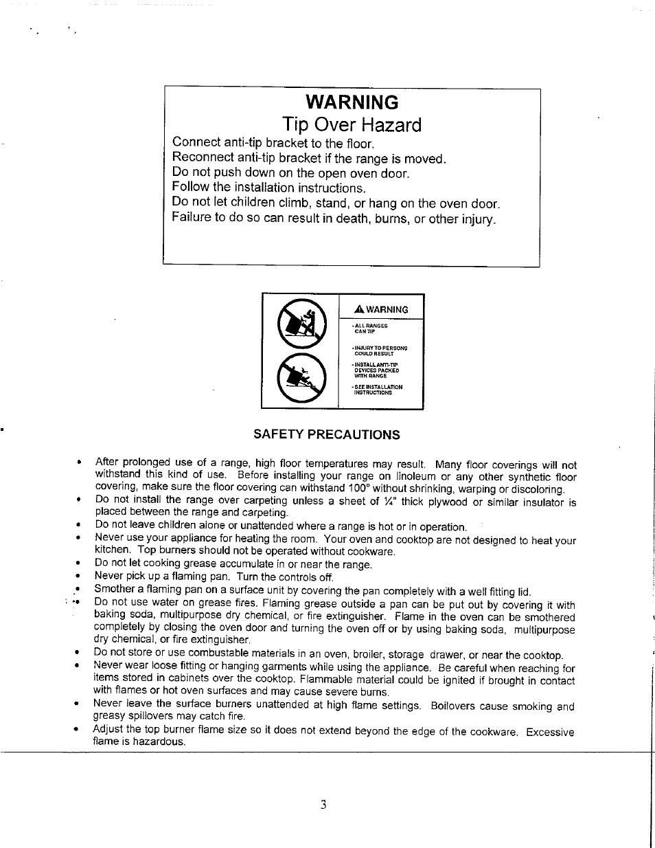 Warning, Safety precautions, Warning tip over hazard | Avanti GR-24BG User Manual | Page 3 / 18